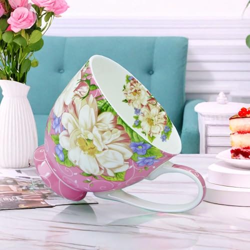 YUESITE 16oz Bone China Floral Mugs - Pink Magnolia, Large Coffee Tea Cup