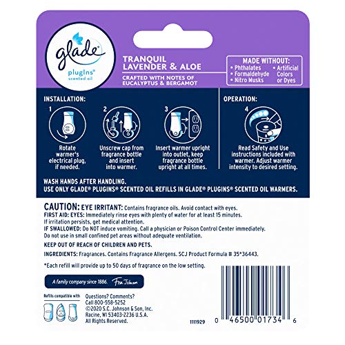 Glade PlugIns Refills Air Freshener, Scented and Essential Oils for Home and Bathroom, Tranquil Lavender & Aloe, 1.34 Oz, 12 Count