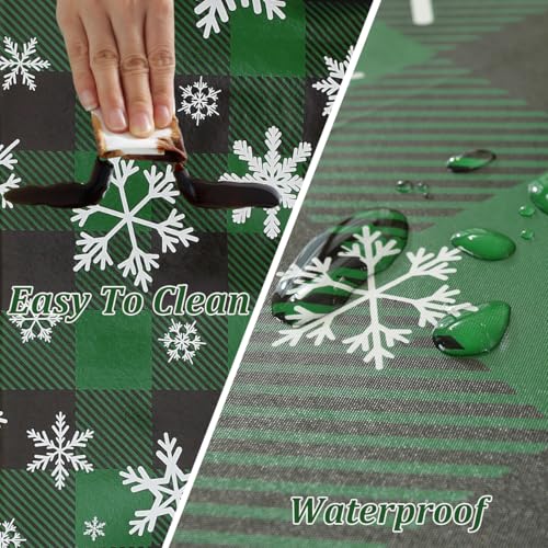 SASTYBALE Checkered Christmas Tablecloth 60x120 in Green & Black with Flannel Backing, Waterproof Snowflake Design