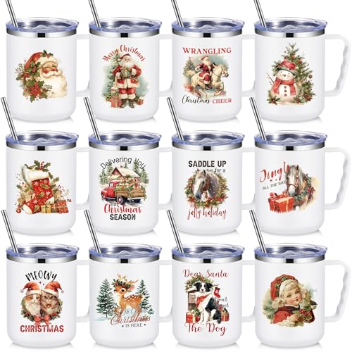 Umigy Nostalgic 12-Pack Christmas Coffee Mugs 17oz with Lids & Straws