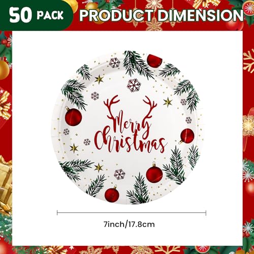 Christmas Paper Plates 50 Pcs 7-Inch Disposable Dinnerware for Holiday Parties