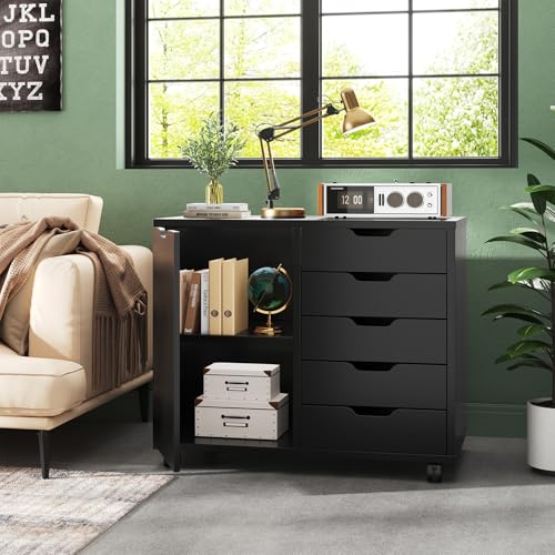 5-Drawer Mobile File Cabinet & Printer Stand with Adjustable Shelf, Black