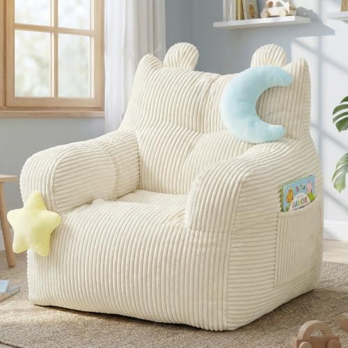 Kids Bean Bag Chair with Plush Toys & Side Pocket, Beige Corduroy Seat