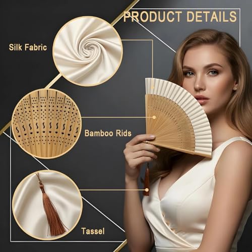 Silk Bamboo Hand Fan - Foldable Portable Cooling Fan with Tassel