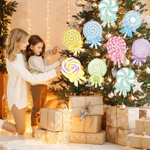 8Pcs Christmas Candyland Candy Cane Ornaments - Large Peppermint Lollipop Tree Picks