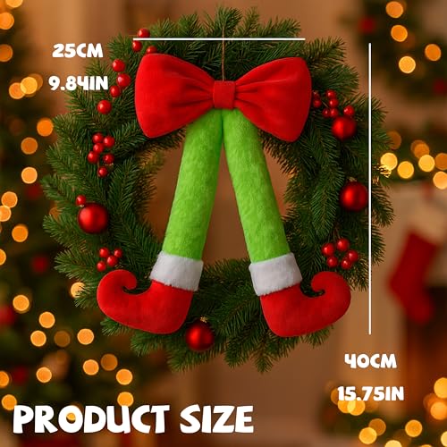 Plush Elf Legs Christmas Wreath Decoration with Red Bow - 15.7" Holiday Decor