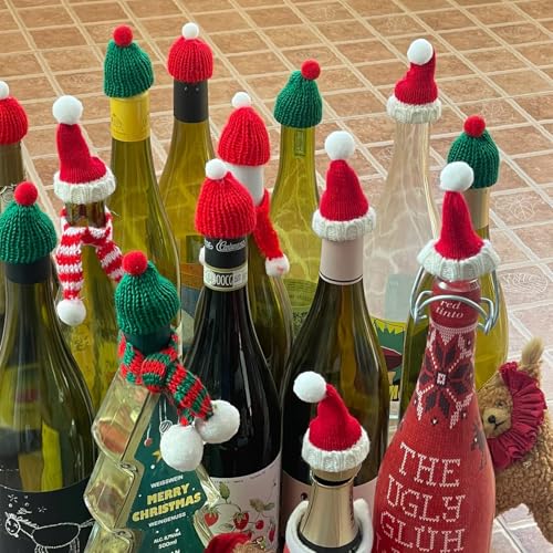 Mini Knit Santa Hat & Scarf Set for Christmas Decorations - Red & Green, 12 pcs