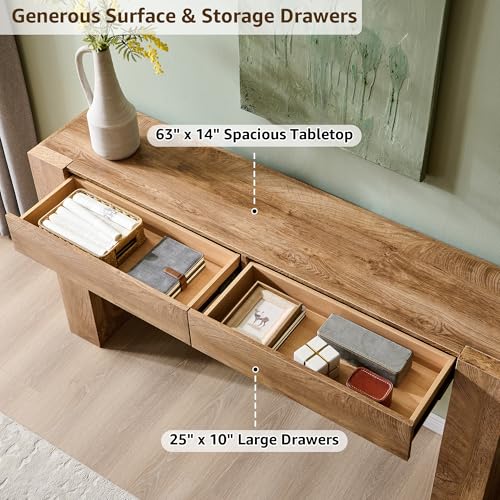 63-Inch Wood Console Table with 2 Storage Drawers - Light Oak