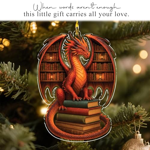Dragon Bookworm Acrylic Christmas Ornament - Fantasy Book Lover Gift - Bookish Decor