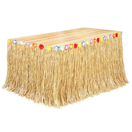 Hawaiian Luau Grass Table Skirt for Tropical Party Decorations (9ft x 29.5 in)