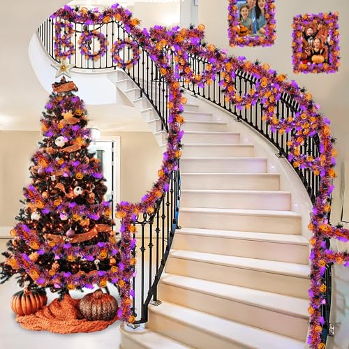 50FT Halloween Metallic Tinsel Garland with Pumpkin Spider Bat Ornaments