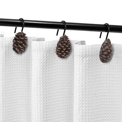 Sunlit Pinecone Family Shower Curtain Hooks Set of 12 with Black Hooks, Winter Christmas Decor