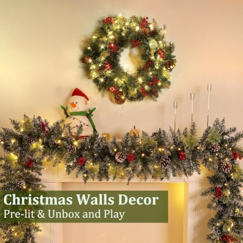 Prelit Christmas Wreath with Lights, Pine Cones & Red Berries - 20 Inch