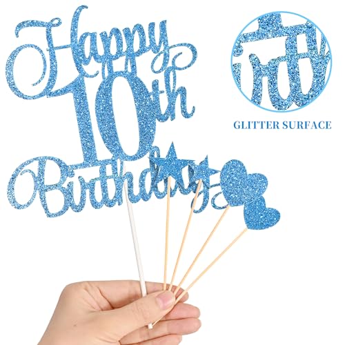 10th Birthday Cake Decoration Set with Number 10 Candle and Glitter Toppers