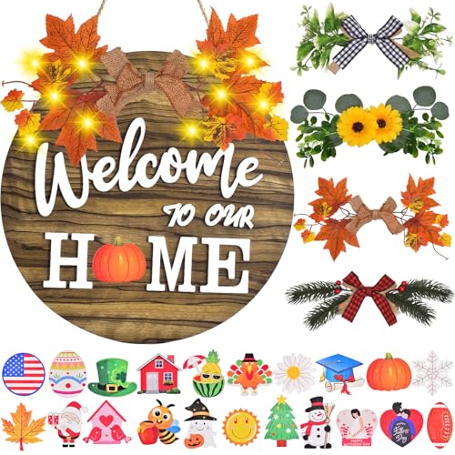 IDATOO Interchangeable Welcome Sign Brown Seasonal Wooden Front Door Decor