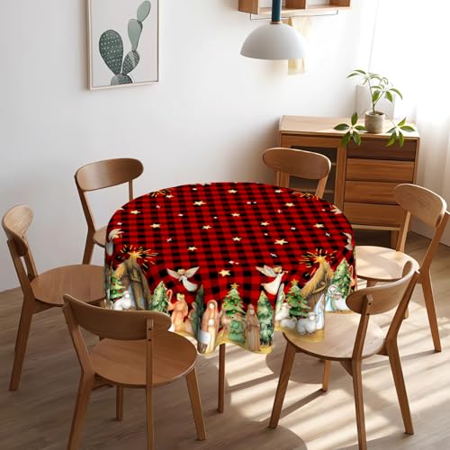 VentuCoven Christmas Nativity Round Tablecloth 60 Inch Red Buffalo Plaid Decor