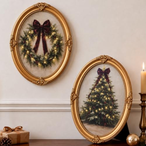 2 Pcs Vintage Gold Framed Wall Art 8x10 Oval Bow & Wreath Set (Pinkunn) - Pre Framed Canvas