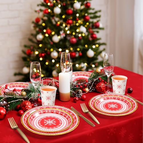 Umigy Snowflake Christmas Dinnerware Set for 25 Guests - Disposable Holiday Plates Cups & Cutlery