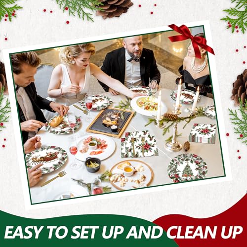 Vintage Christmas 100 Pcs Disposable Tableware Set – Serves 25, Santa Sleigh & Tree Plates, Napkins & Gold Forks (Tedercle, Variation: Vintage Christmas)