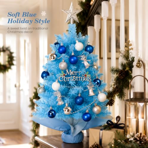 Blue Mini Christmas Tree with Lights - 2 Ft Tabletop Holiday Decor, HOMDAILY