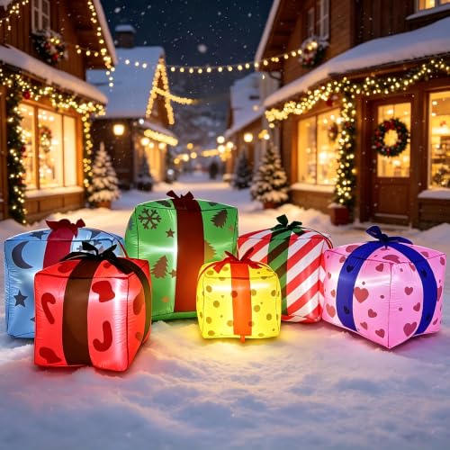 8FT Colorful Inflatable Christmas Gift Boxes Set with LED Lights, Holiday Yard Decor
