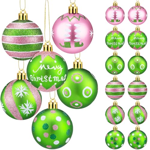 Knitgrip 24 Pink Green Christmas Ball Ornaments - 2 Inch Plastic Tree Decor Set