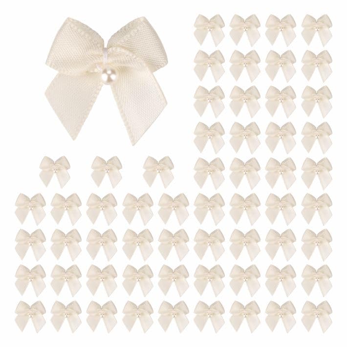 60-Piece Mini Satin Ribbon Bows with Pearl - Ivory Craft Appliques for Sewing