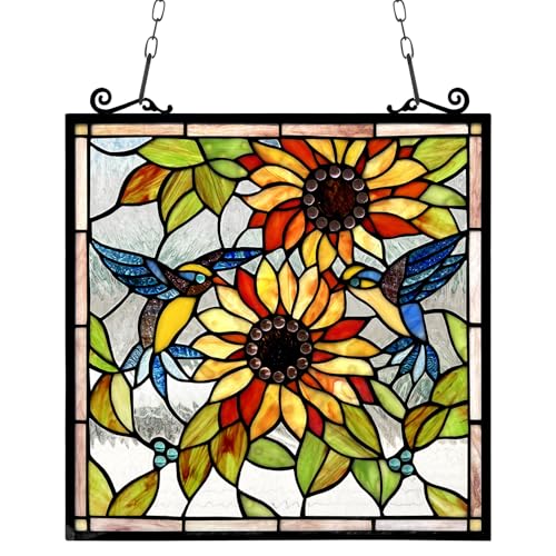 Handcrafted Sunflower Stained Glass Window Panel with Birds