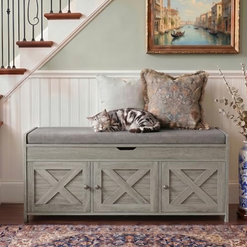 39-Inch Shoe Storage Bench with Cushioned Seat and Hidden Cabinet