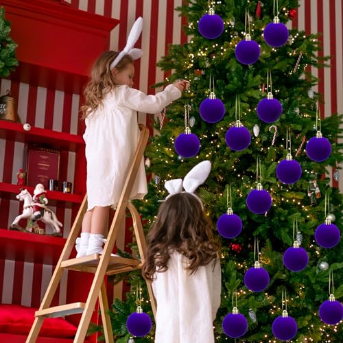 Menkxi 15 Pcs Purple Velvet Christmas Tree Ornaments Set 1.97'' Flocking Ball Decorations