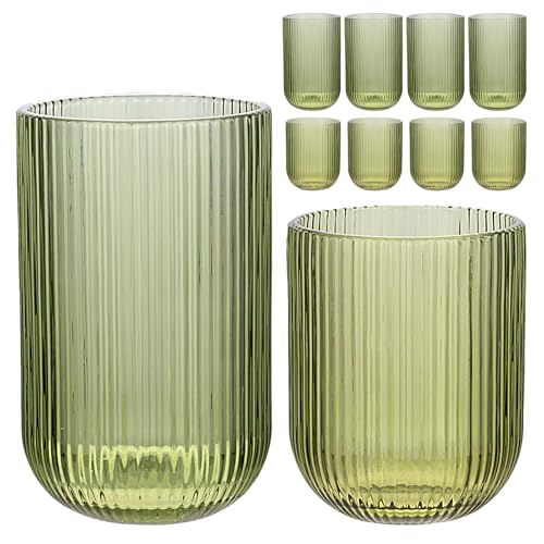 WeirdUncle Green Ribbed Glassware Set - 8pc Origami Style Drinkware, Highball & Rocks Glasses