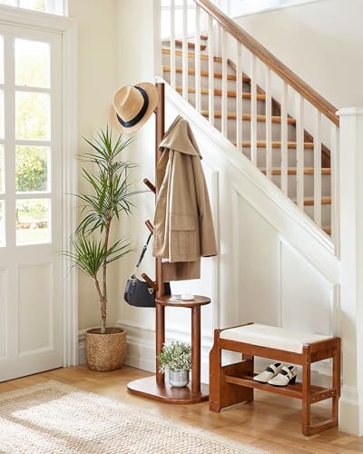 Solid Wood Freestanding Coat Rack with 8 Hooks & Storage Shelves, Brown