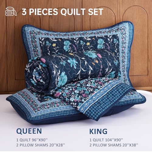Floral Quilt Set King Size - 3-Piece Navy Blue Botanical Bedspread