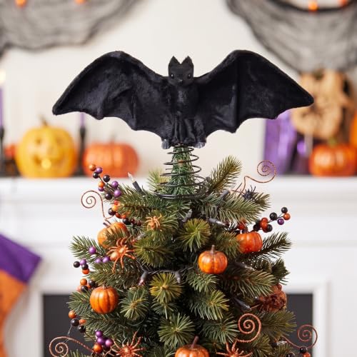 11-Inch Halloween Bat Tree Topper with Spring Base - Spooky Gothic Decor