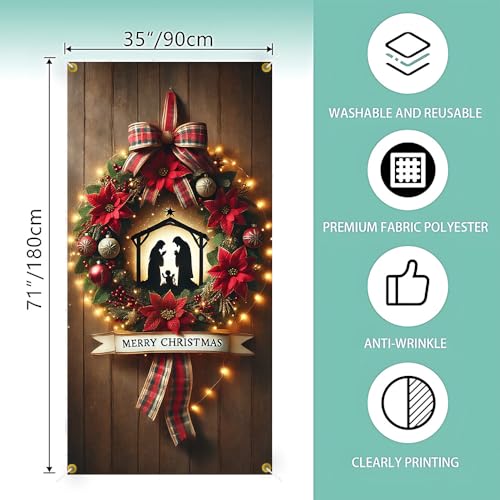 Christmas Nativity Scene Door Cover with Poinsettia Plaid Bow - Colorful B618