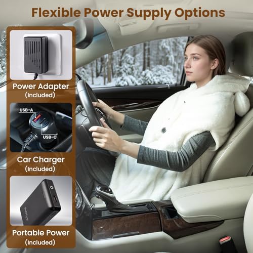 Portable Cordless Heated Blanket Shawl, 50x70 Fleece Wearable Hoodie, Beige