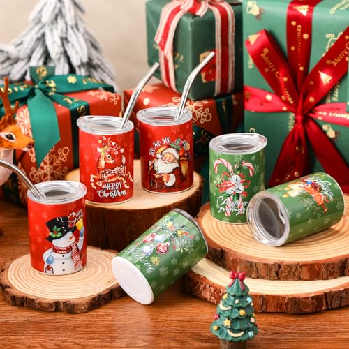 Reindeer 6 Pcs 3 oz Christmas Mini Tumbler Shot Glass with Straw and Lid - Roshtia