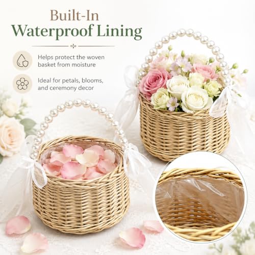 Wicker Flower Girl Basket Set of 2 with Pearl Handle & Bow for Weddings