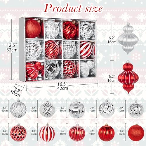 DILATATA 12Pcs 4" Christmas Ball Ornaments Set - Shatterproof Silver & Red Xmas Tree Decorations