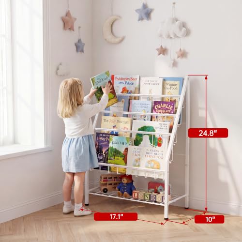 4-Tier Metal Kids Bookshelf with Bottom Storage, White Forward-Facing Shelf