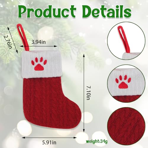 Mini Red Knit Christmas Stocking with Dog Paw Embroidery - 7 Inch