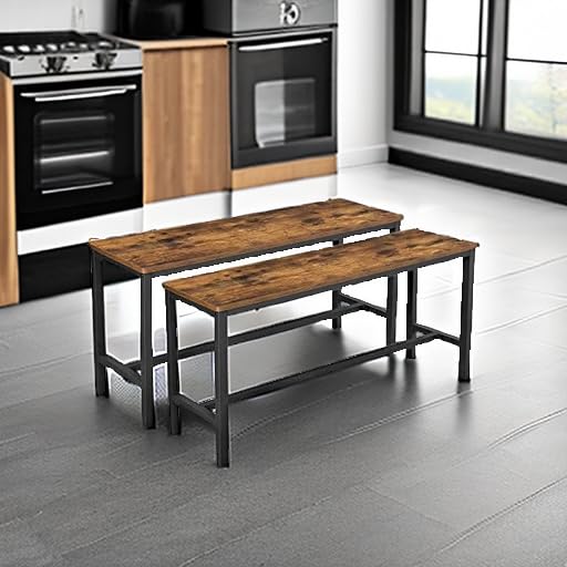 Industrial Dining Bench Set of 2, Rustic Wood and Steel Frame