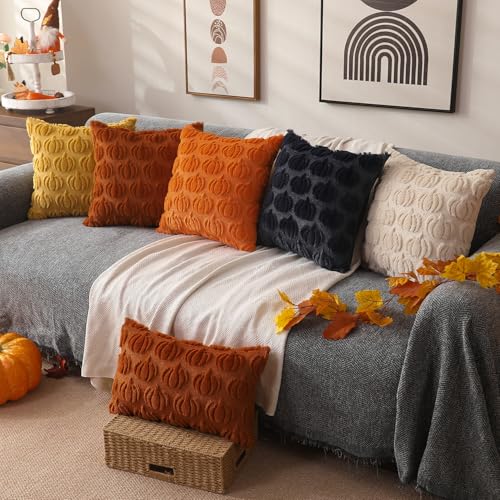 Fall Pillow Covers 18x18 Set of 2 - Soft Plush Rust Pumpkin Cushion Cases
