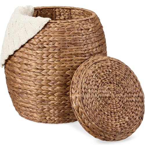 Handwoven Water Hyacinth Storage Basket with Lid, 17-Inch Organizer Tote