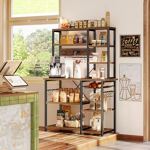 Large 6-Tier Bakers Rack with Power Outlets & Microwave Stand - Rustic Brown