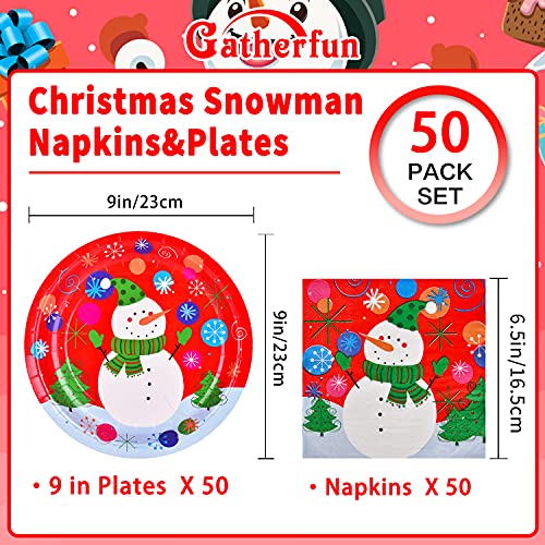 Gatherfun Christmas Snowman Party Plates & 50-Piece Napkins Set - Disposable Dinnerware
