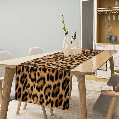 Moderw Leopard Skin Print Table Runner 13x90in Black Brown Safari Wildlife Decor
