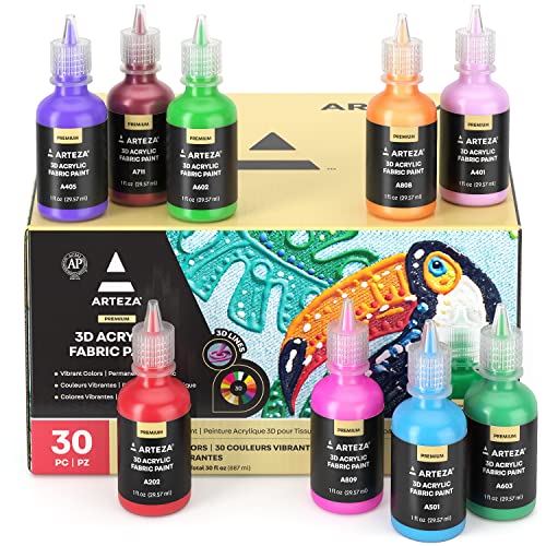 ARTEZA Fabric Paint, Set of 30, Permanent 3D Paint, Glow-in-the-Dark, Glitter, Neon, and Metallic Hues, Paint for Textiles, Canvas, and Wood