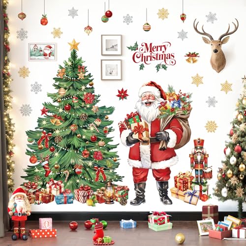 Decalmile Christmas Tree Santa Claus Wall Decals - Holiday Xmas Stickers for Home Decor