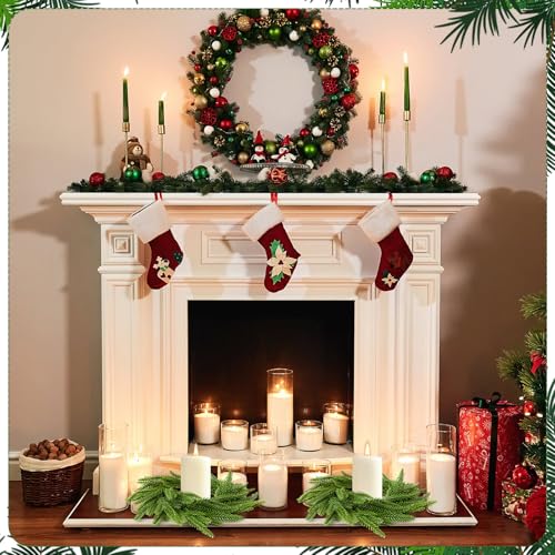 Dingion 12Pcs Norfolk Pine Christmas Candle Ring Wreaths 6in Green